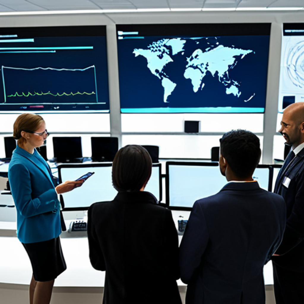 A professional, diverse group of individuals, fully clothed in modest business attire, actively collaborating in a modern, well-lit digital civic center. They are engaged with various devices like laptops, tablets, and large interactive screens displaying clear data visualizations and interconnected network lines, symbolizing global digital communication. The scene captures a sense of empowerment and collective action, with expressions of focus and determination. Perfect anatomy, correct proportions, natural poses, well-formed hands, proper finger count, natural body proportions. Professional photography, high quality, safe for work, appropriate content, family-friendly.