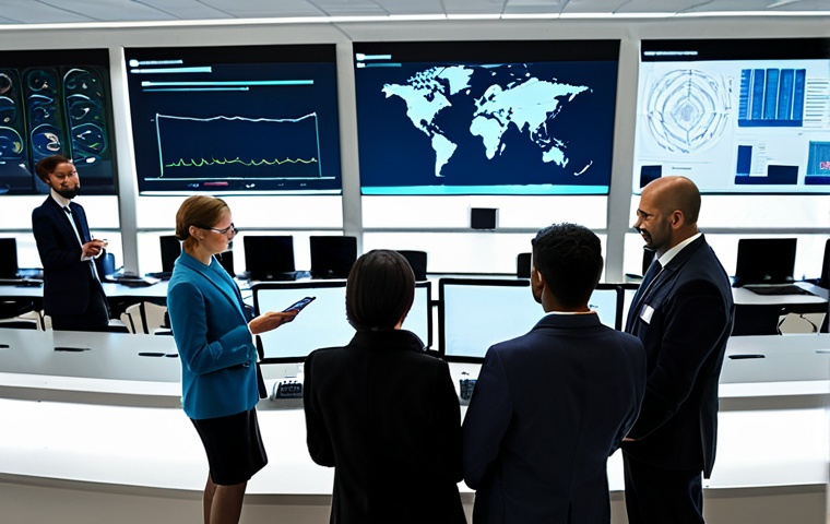 A professional, diverse group of individuals, fully clothed in modest business attire, actively collaborating in a modern, well-lit digital civic center. They are engaged with various devices like laptops, tablets, and large interactive screens displaying clear data visualizations and interconnected network lines, symbolizing global digital communication. The scene captures a sense of empowerment and collective action, with expressions of focus and determination. Perfect anatomy, correct proportions, natural poses, well-formed hands, proper finger count, natural body proportions. Professional photography, high quality, safe for work, appropriate content, family-friendly.