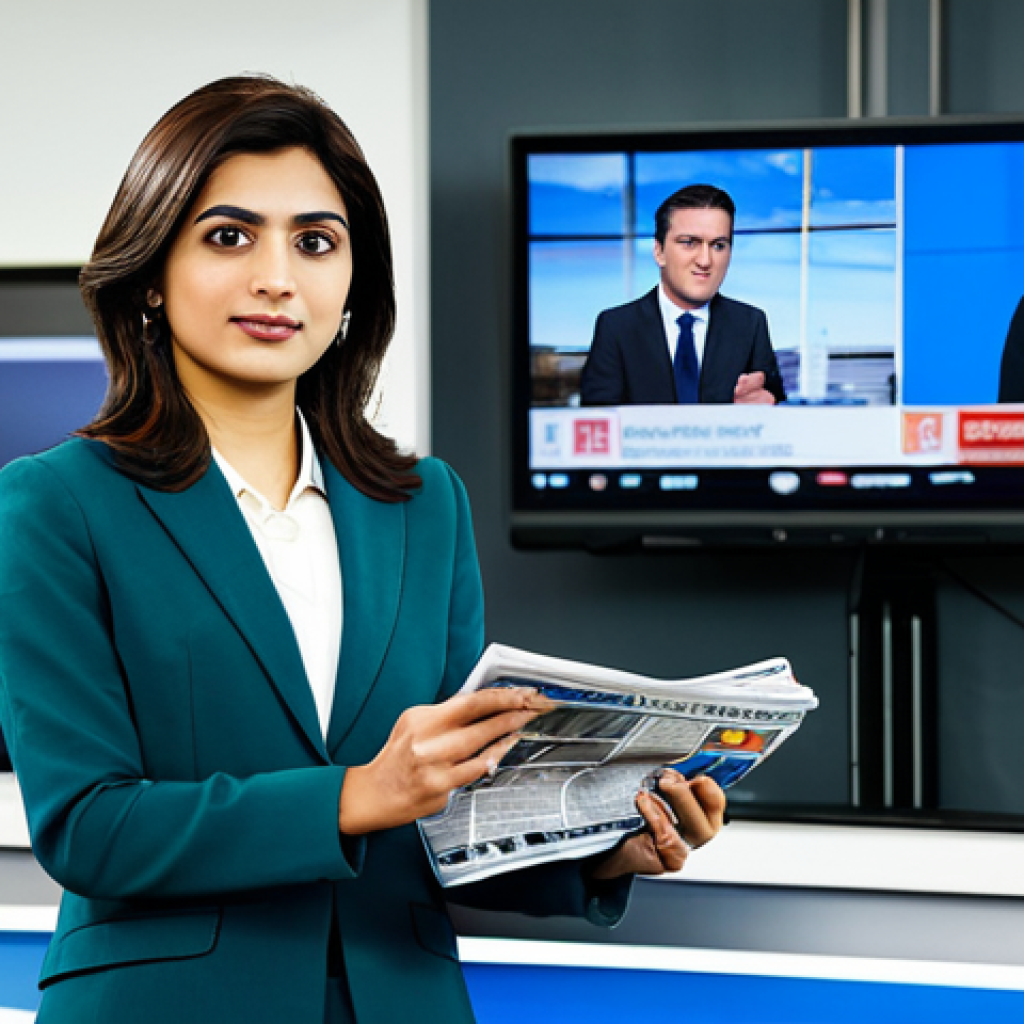 **Prompt for "Transitioning Media Landscape"**:
A professional Pakistani female journalist in her late 20s, wearing a modest and professional business casual attire including a blazer over a collared shirt and tailored trousers, standing confidently in a modern, well-lit newsroom. In the subtly blurred background, an older style television screen displays a traditional news channel logo and a stack of newspapers, contrasting with the sleek smartphone and tablet in her hands, displaying digital news feeds and social media icons. Perfect anatomy, correct proportions, well-formed hands, proper finger count, natural body proportions. Professional photography, high-resolution, sharp focus, vibrant colors, cinematic lighting. Safe for work, appropriate content, fully clothed, professional dress, family-friendly.