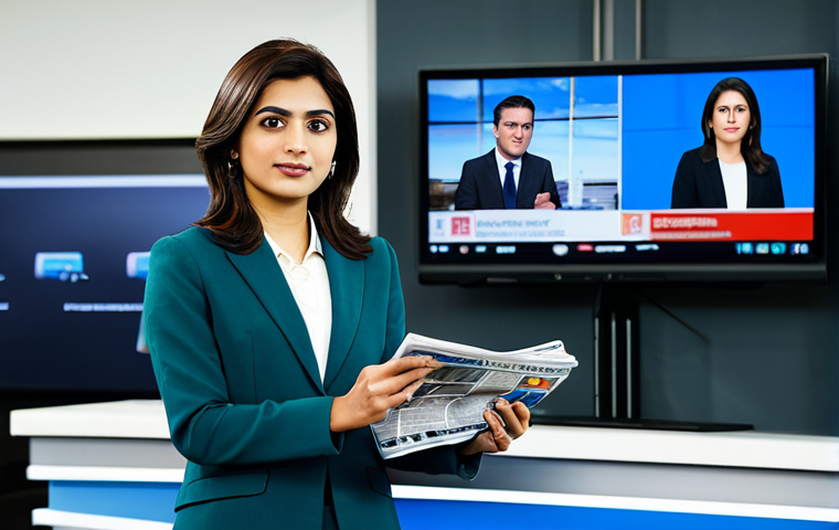 **Prompt for "Transitioning Media Landscape"**:
A professional Pakistani female journalist in her late 20s, wearing a modest and professional business casual attire including a blazer over a collared shirt and tailored trousers, standing confidently in a modern, well-lit newsroom. In the subtly blurred background, an older style television screen displays a traditional news channel logo and a stack of newspapers, contrasting with the sleek smartphone and tablet in her hands, displaying digital news feeds and social media icons. Perfect anatomy, correct proportions, well-formed hands, proper finger count, natural body proportions. Professional photography, high-resolution, sharp focus, vibrant colors, cinematic lighting. Safe for work, appropriate content, fully clothed, professional dress, family-friendly.