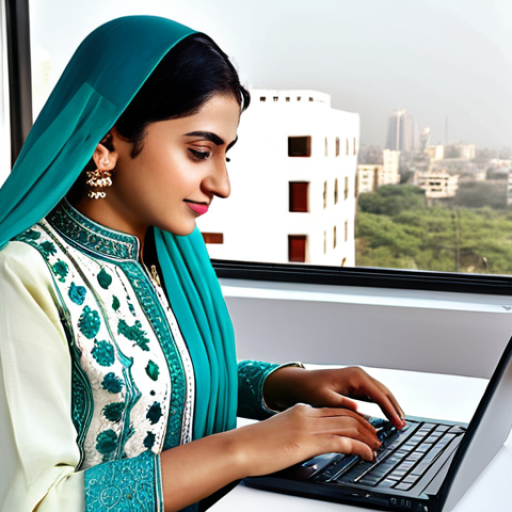 **
"A confident Pakistani businesswoman in a beautifully embroidered shalwar kameez, fully clothed and modest, working on a laptop in a modern office in Karachi. The office is bright and airy with a view of the city. Safe for work, appropriate content, professional setting, perfect anatomy, natural proportions, family-friendly, high-resolution photography."
**