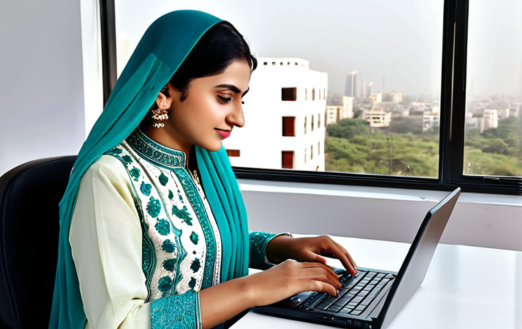**
"A confident Pakistani businesswoman in a beautifully embroidered shalwar kameez, fully clothed and modest, working on a laptop in a modern office in Karachi. The office is bright and airy with a view of the city. Safe for work, appropriate content, professional setting, perfect anatomy, natural proportions, family-friendly, high-resolution photography."
**