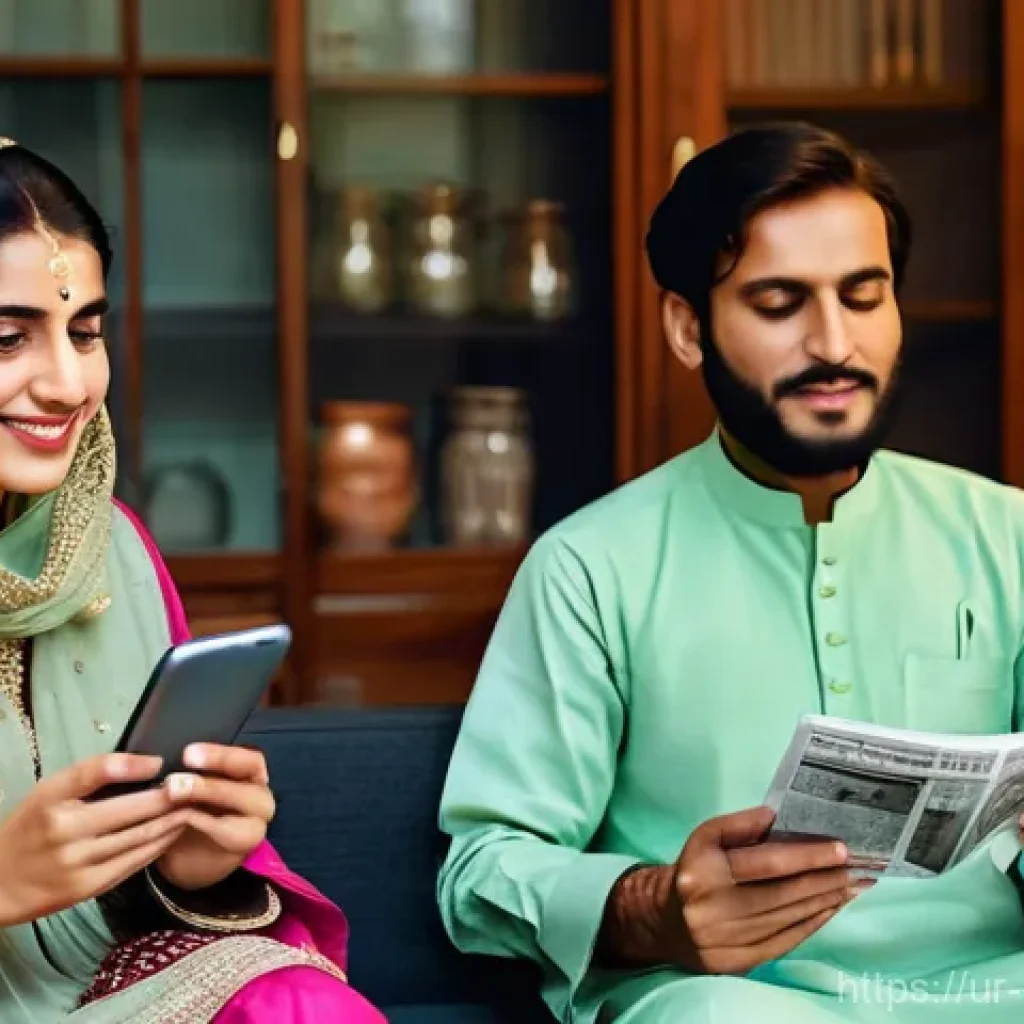 미디어 소비 문화 - **"Digital Generations: Bridging the Gap"**
A warmly lit interior of a modest, comfortable Pakis...