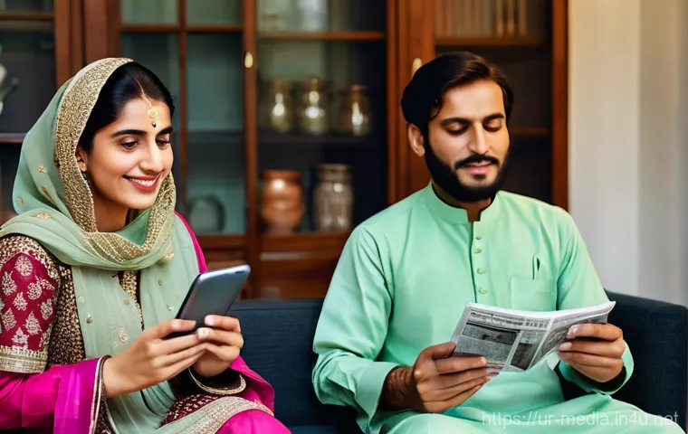 미디어 소비 문화 - **"Digital Generations: Bridging the Gap"**
A warmly lit interior of a modest, comfortable Pakis...
