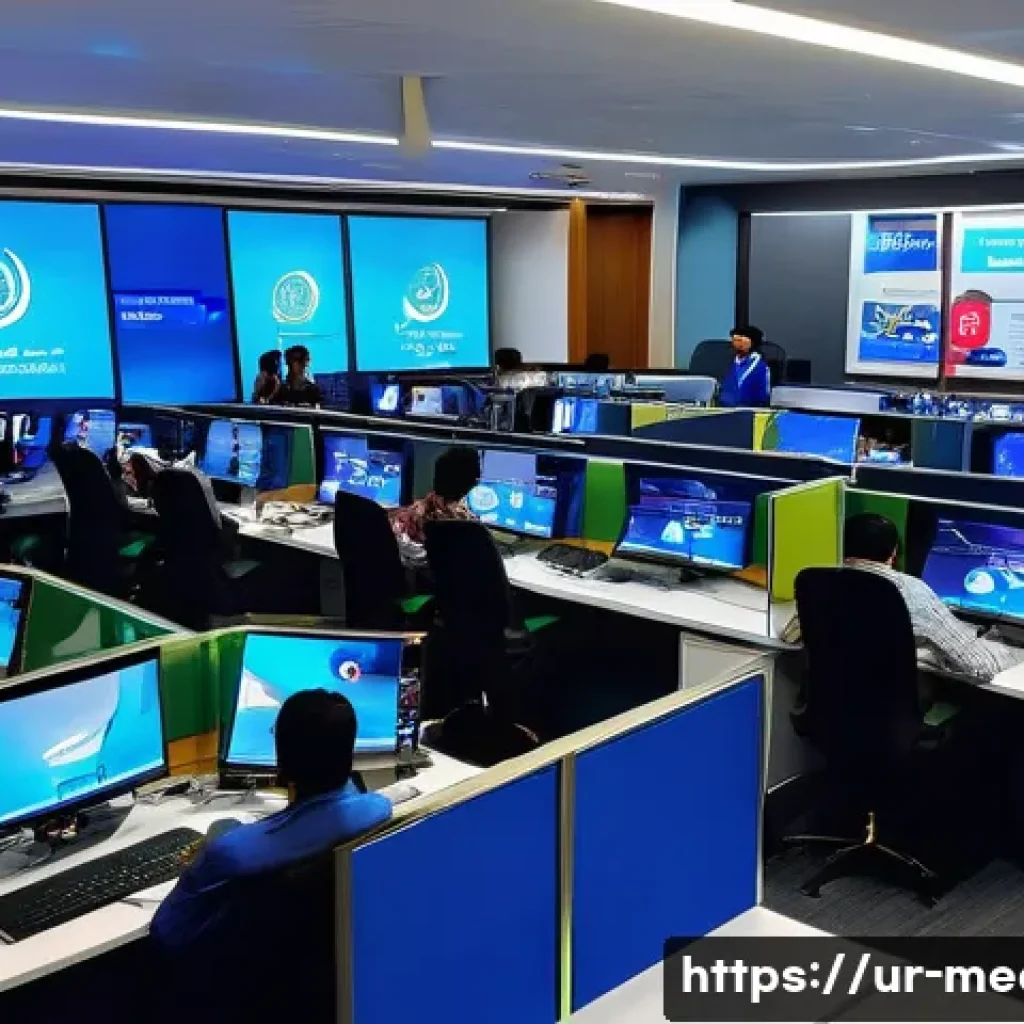 미디어 산업의 혁신적 변화 - A modern digital media newsroom in Karachi, Pakistan, showcasing journalists working on multiple scr...