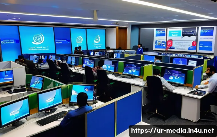 미디어 산업의 혁신적 변화 - A modern digital media newsroom in Karachi, Pakistan, showcasing journalists working on multiple scr...
