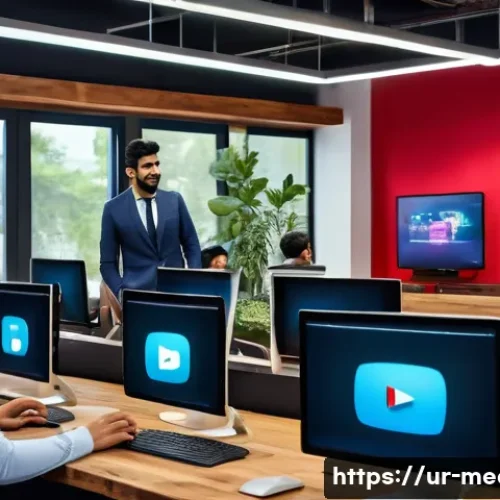 미디어 산업의 경쟁 - A dynamic digital media studio scene set in a modern Pakistani office, featuring young professionals...