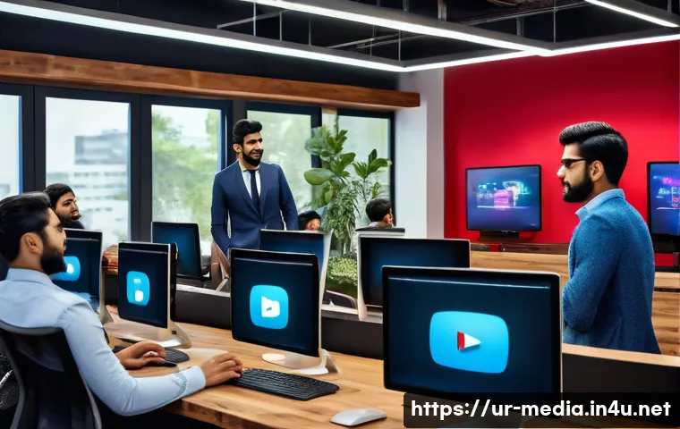 미디어 산업의 경쟁 - A dynamic digital media studio scene set in a modern Pakistani office, featuring young professionals...