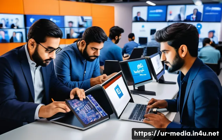 미디어와 패러다임 변화 - A vibrant, modern digital newsroom scene in Karachi, featuring young Pakistani journalists using sma...