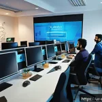 미디어와 기업 문화 - A vibrant digital marketing office scene in Karachi, Pakistan, showcasing a diverse team of young pr...