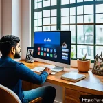 미디어 플랫폼 분석 - A vibrant digital marketing workspace set in a cozy small business office in Pakistan, featuring a y...